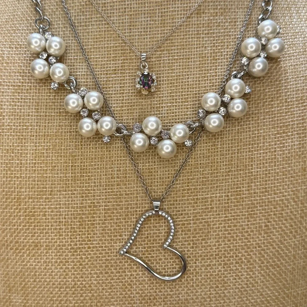Romantic Pearlcore Y2K‎ Aesthetic Silver Necklace Lot of 3 from Unbranded